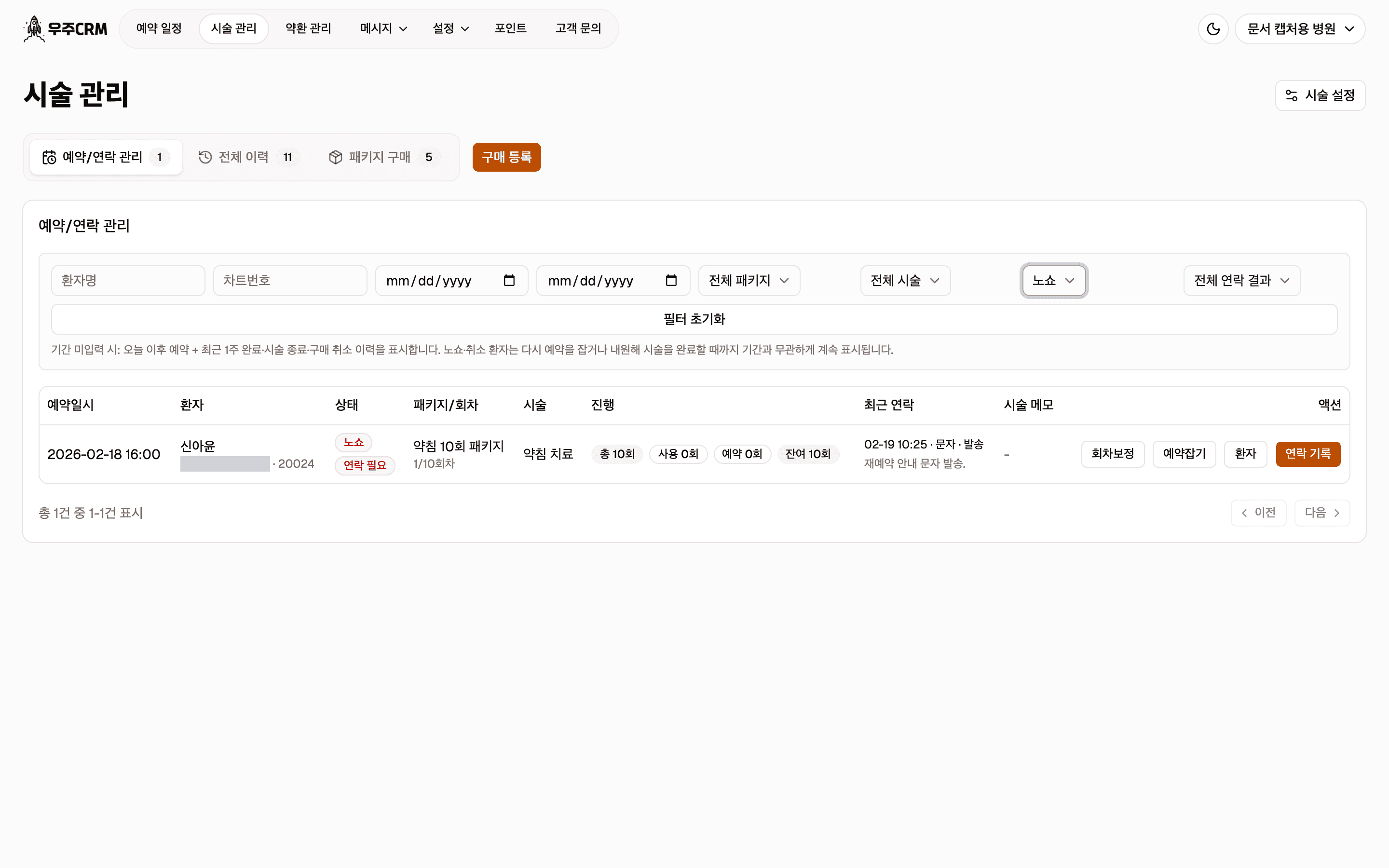 상태 필터를 노쇼로 고른 예약/연락 관리 화면입니다. 노쇼 환자 한 명만 목록에 남아 있고 연락 필요 배지가 붙어 있습니다.