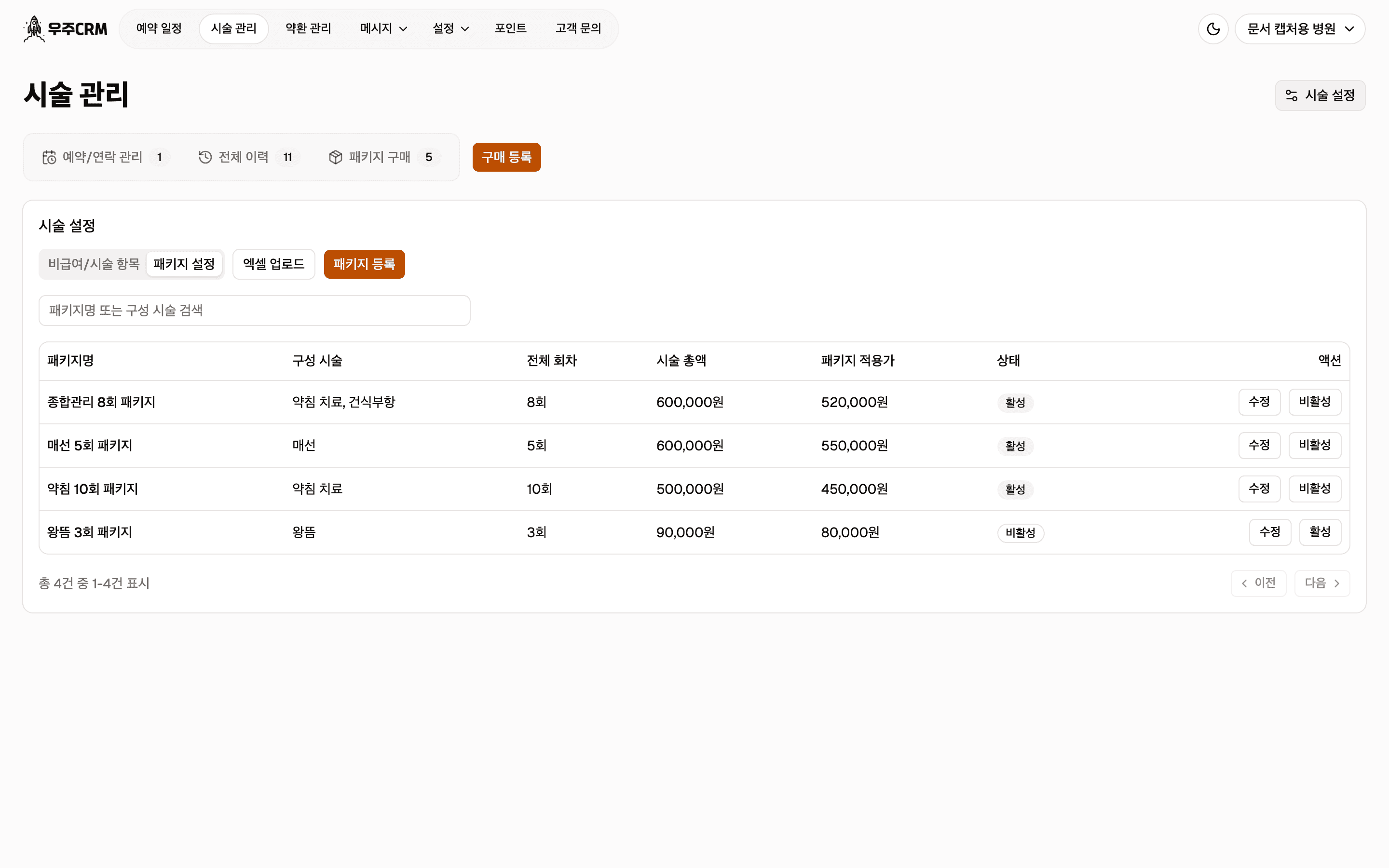 시술 설정 화면의 패키지 설정 탭입니다. 패키지명·구성 시술·전체 회차·시술 총액·패키지 적용가·상태·액션 열로 된 표가 있습니다.
